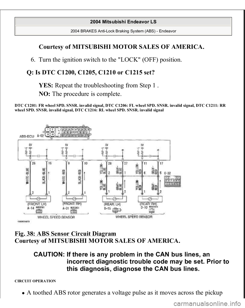 MITSUBISHI ENDEAVOR 2004  Service Repair Manual Courtesy of MITSUBISHI MOTOR SALES OF AMERICA
. 
6. Turn the ignition switch to the "LOCK" (OFF) position.  
Q: Is DTC C1200, C1205, C1210 or C1215 set?  
YES: Repeat the troubleshooting from 