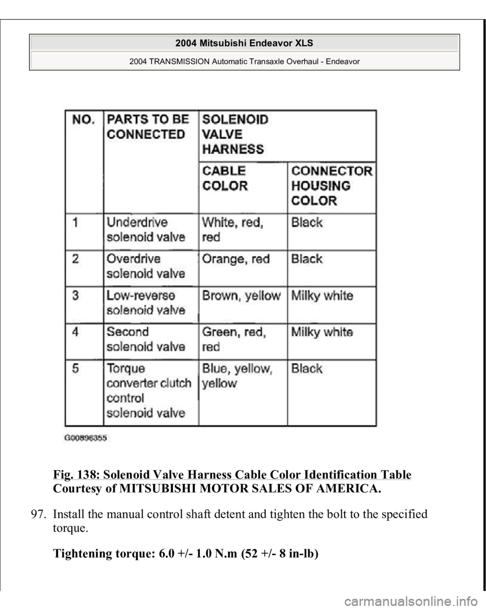 MITSUBISHI ENDEAVOR 2004  Service Repair Manual Fig. 138: Solenoid Valve Harness Cable Color Identification Table
 
Courtesy of MITSUBISHI MOTOR SALES OF AMERICA. 
97. Install the manual control shaft detent and tighten the bolt to the specified 
t