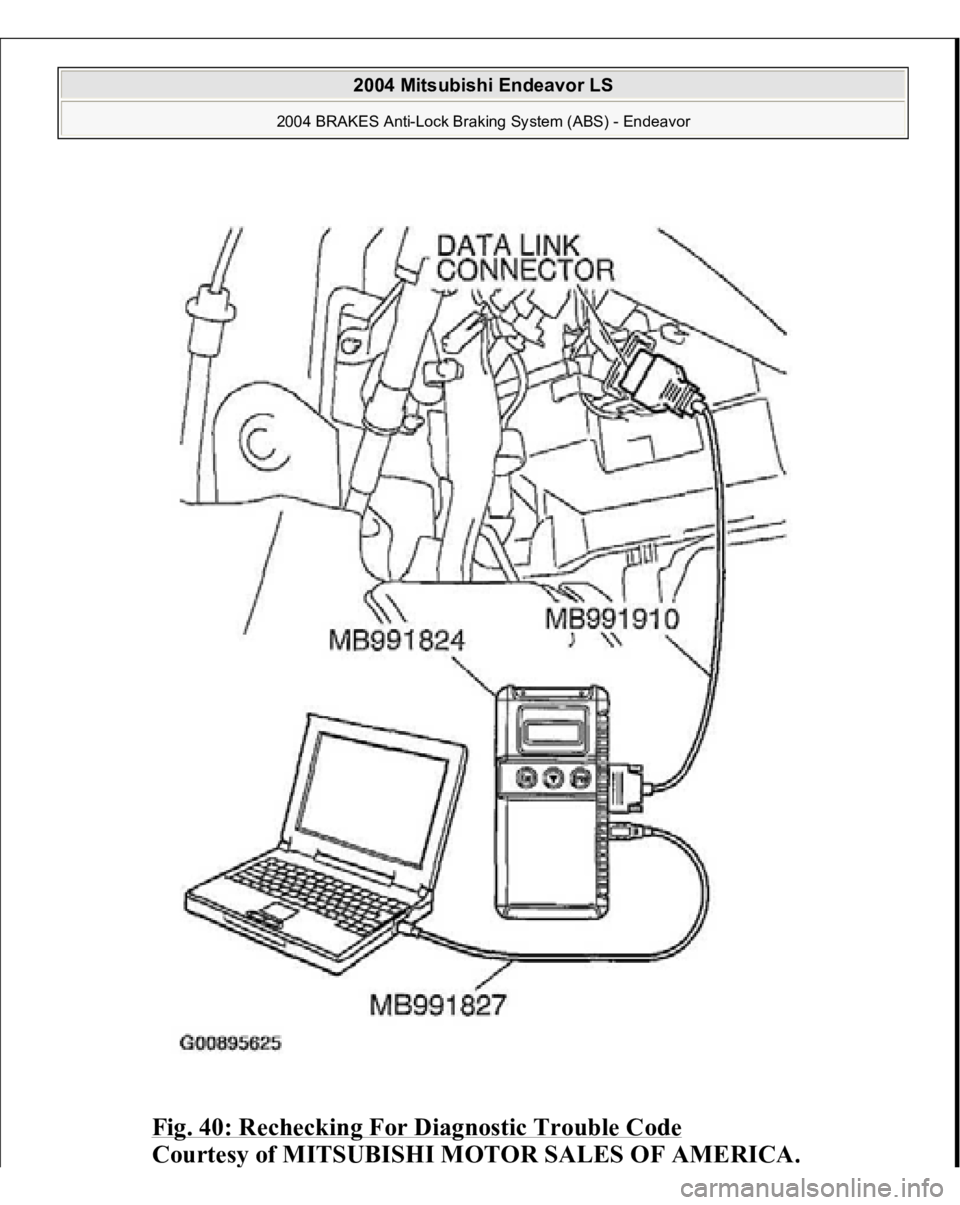 MITSUBISHI ENDEAVOR 2004  Service Repair Manual Fig. 40: Rechecking For Diagnostic Trouble Code
 
Courtes
y of MITSUBISHI MOTOR SALES OF AMERICA
.
 
2004 Mitsubishi Endeavor LS 
2004 BRAKES Anti-Lock Braking System (ABS) - Endeavor
   
