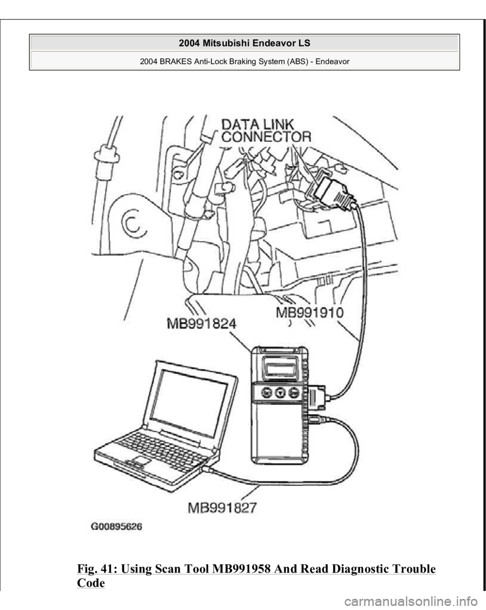 MITSUBISHI ENDEAVOR 2004  Service Repair Manual Fig. 41: Using Scan Tool MB991958 And Read Diagnostic Trouble Code
 
 
2004 Mitsubishi Endeavor LS 
2004 BRAKES Anti-Lock Braking System (ABS) - Endeavor
   