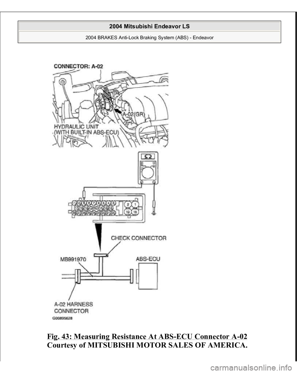 MITSUBISHI ENDEAVOR 2004  Service Repair Manual Fig. 43: Measuring Resistance At ABS
-ECU Connector A
-02 
Courtesy of MITSUBISHI MOTOR SALES OF AMERICA.
 
2004 Mitsubishi Endeavor LS 
2004 BRAKES Anti-Lock Braking System (ABS) - Endeavor
   