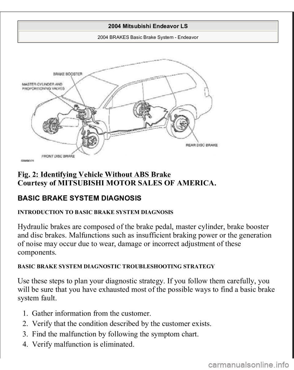 MITSUBISHI ENDEAVOR 2004  Service Repair Manual Fig. 2: Identifying Vehicle Without ABS Brake
 
Courtesy of MITSUBISHI MOTOR SALES OF AMERICA. 
BASIC BRAKE SYSTEM DIAGNOSIS INTRODUCTION TO BASIC BRAKE SYSTEM DIAGNOSIS Hydraulic brakes are composed 