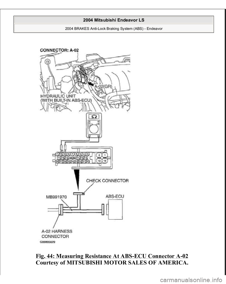 MITSUBISHI ENDEAVOR 2004  Service Repair Manual Fig. 44: Measuring Resistance At ABS
-ECU Connector A
-02 
Courtesy of MITSUBISHI MOTOR SALES OF AMERICA.
 
2004 Mitsubishi Endeavor LS 
2004 BRAKES Anti-Lock Braking System (ABS) - Endeavor
   