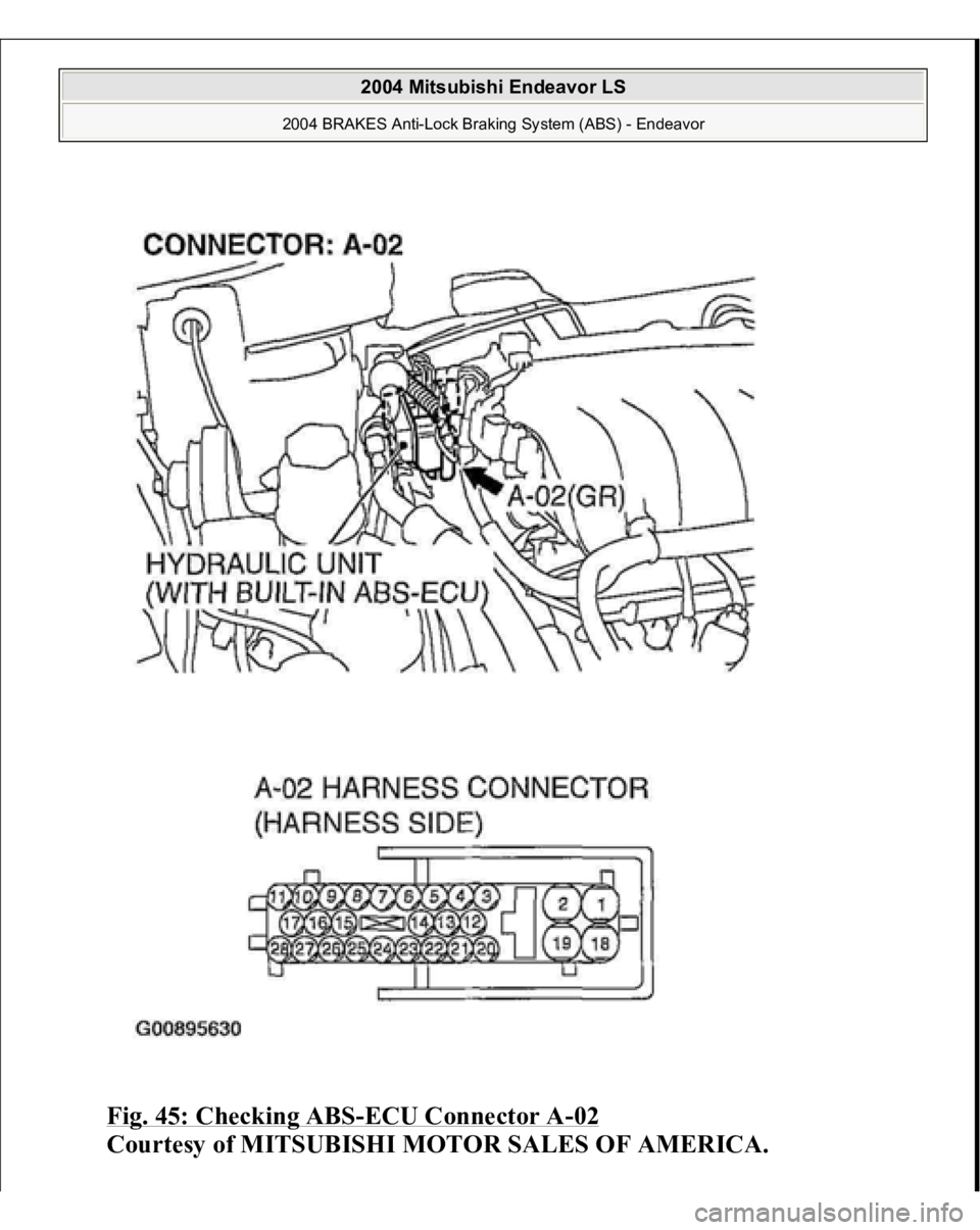 MITSUBISHI ENDEAVOR 2004  Service Repair Manual Fig. 45: Checking ABS
-ECU Connector A
-02 
Courtesy of MITSUBISHI MOTOR SALES OF AMERICA.
 
2004 Mitsubishi Endeavor LS 
2004 BRAKES Anti-Lock Braking System (ABS) - Endeavor
   