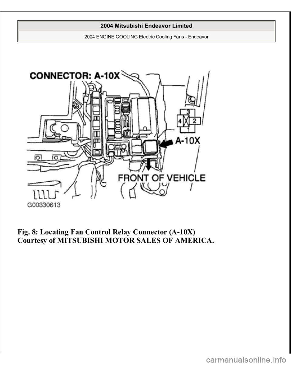 MITSUBISHI ENDEAVOR 2004  Service Repair Manual Fig. 8: Locating Fan Control Relay Connector (A
-10X)
 
Courtesy of MITSUBISHI MOTOR SALES OF AMERICA.
 
2004 Mitsubishi Endeavor Limited 
2004 ENGINE COOLING Electric Cooling Fans - Endeavor
   