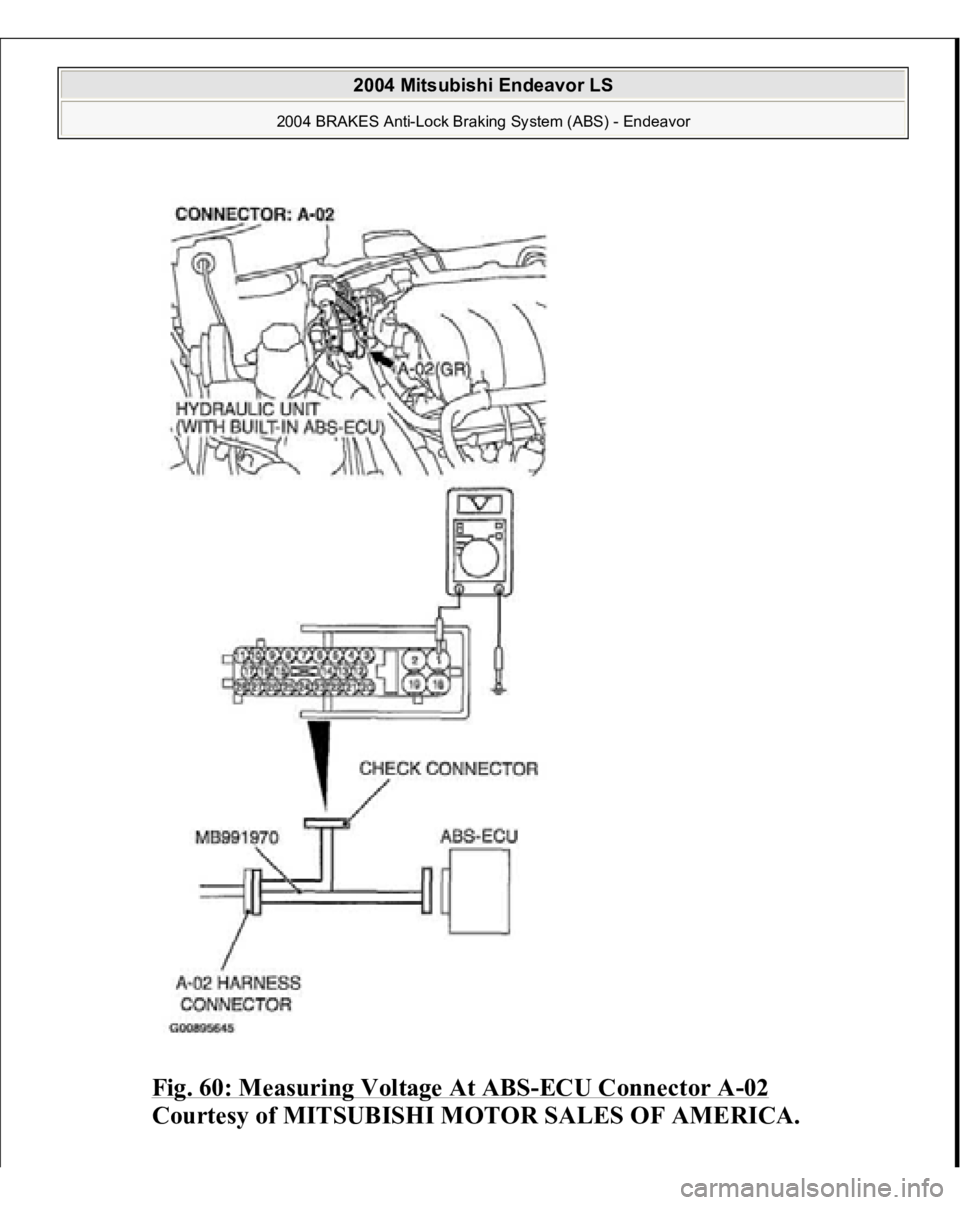 MITSUBISHI ENDEAVOR 2004  Service Repair Manual Fig. 60: Measuring Voltage At ABS
-ECU Connector A
-02 
Courtesy of MITSUBISHI MOTOR SALES OF AMERICA.
 
2004 Mitsubishi Endeavor LS 
2004 BRAKES Anti-Lock Braking System (ABS) - Endeavor
   