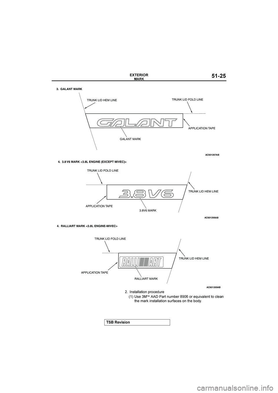MITSUBISHI GALANT 2004  Workshop Manual "


&()(*+


 /.)(&&()-+/	0,+:*>,
56 !.	™		(,)	/>8?,	4	+,	A>-9(&/)	)+	:&(/	
)2	8(,B	-/.)(&&()-+/	.>,3(:.	+/	)2	?+*=
AC601267
APPLICATION TAPE
TRUNK LID FOL