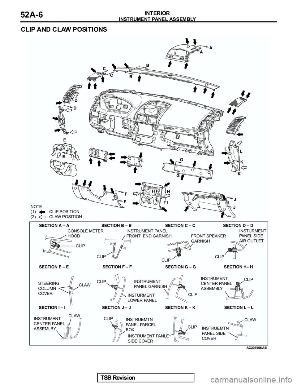 MITSUBISHI GALANT 2005  Service Repair Manual NOTE
(1)          : CLIP POSITION
(2)          : CLAW POSITION
CLIP CONSOLE METER 
HOOD
CLIPINSTRUMENT PANEL 
FRONT  END GARNISH
FRONT SPEAKER 
GARNISH
CLIP
CLIPINSTURMENT 
PA N E L   S I D E  
AIR OU