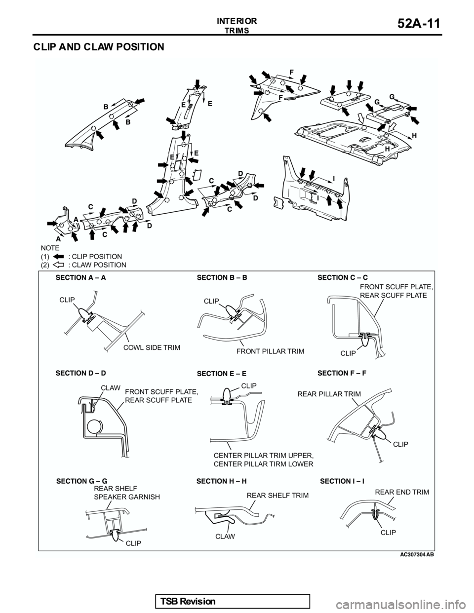 MITSUBISHI GALANT 2005  Service Repair Manual NOTE
(1)          : CLIP POSITION
(2)          : CLAW POSITION
CLIP
COWL SIDE TRIMCLIP
FRONT PILLAR TRIM
CLIPFRONT SCUFF PLATE, 
REAR SCUFF PLATE
REAR PILLAR TRIM
CLIP
CLIP
CENTER PILLAR TRIM UPPER, 
