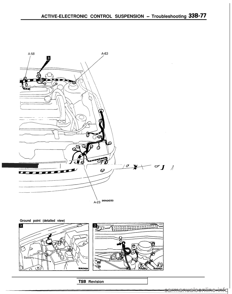 MITSUBISHI GALANT 1989  Service Repair Manual ACTIVE-ELECTRONIC CONTROL SUSPENSION - Troubleshooting 33B-77
A-58A-63
-.__- --~- ~---~
111111111
Ground point (detailed view)
TSB Revision 