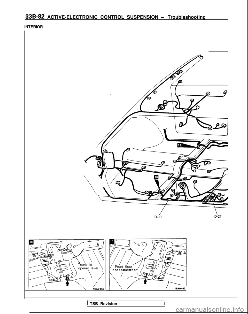MITSUBISHI GALANT 1989  Service Repair Manual 33B-82 ACTIVE-ELECTRONIC CONTROL SUSPENSION - Troubleshooting
INTERIOR
\\16AO353
’ crossmemb
e
\ //WA0492
1 TSB RevisionI 