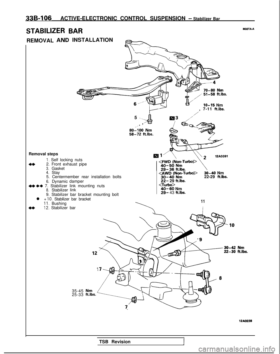 MITSUBISHI GALANT 1989  Service Repair Manual 33B-106ACTIVE-ELECTRONIC CONTROL SUSPENSION - Stabilizer Bar
STABILIZER BARMBBTA-A
REMOVALINSTALLATION
lo-15 Nm
Removal steps
1, Self locking nuts
4*2. Front exhaust pipe3.Gasket4.Stay
5. Centermember