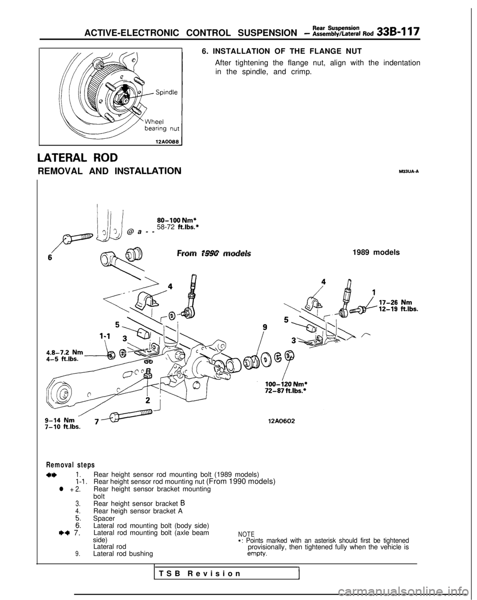 MITSUBISHI GALANT 1989  Service Repair Manual ACTIVE-ELECTRONIC CONTROL SUSPENSION - ii%%;%% god 336417
12AOO88
LATERAL ROD
REMOVAL AND INS
TALLATION
i
80-100 
Nm*
‘3J@a-

-
58-72  ft.lbs.*
6. INSTALLATION OF THE FLANGE NUT
After tightening the
