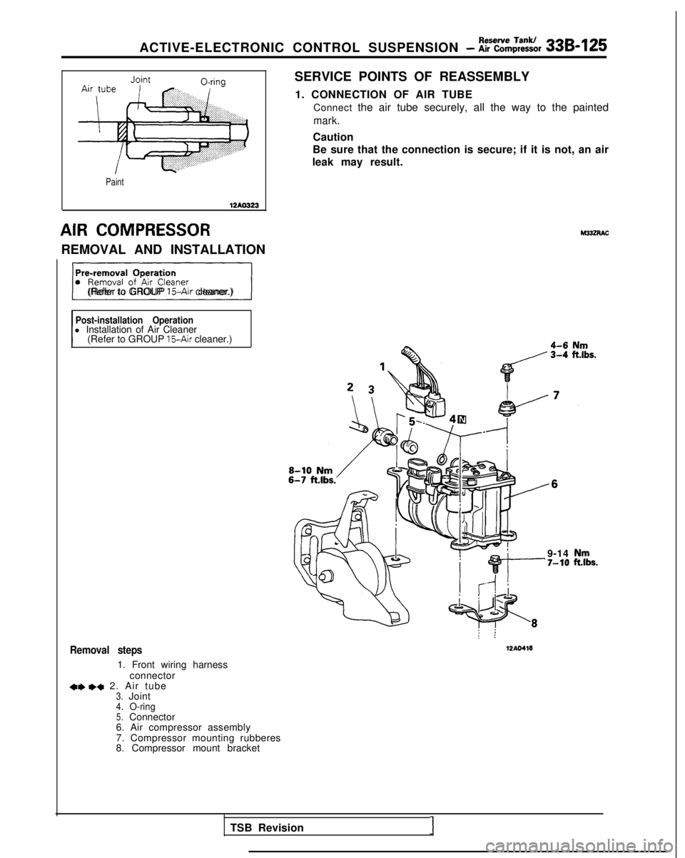 MITSUBISHI GALANT 1989  Service Repair Manual ACTIVE-ELECTRONIC CONTROL SUSPENSION - ~~~,:B,:w,r 336-125
Paint
12Ao323
AIR COMPRESSOR
REMOVAL AND INSTALLATION
31(Refer to GROUP ISAir cleaner.)
Post-installation Operationl Installation of Air Clea