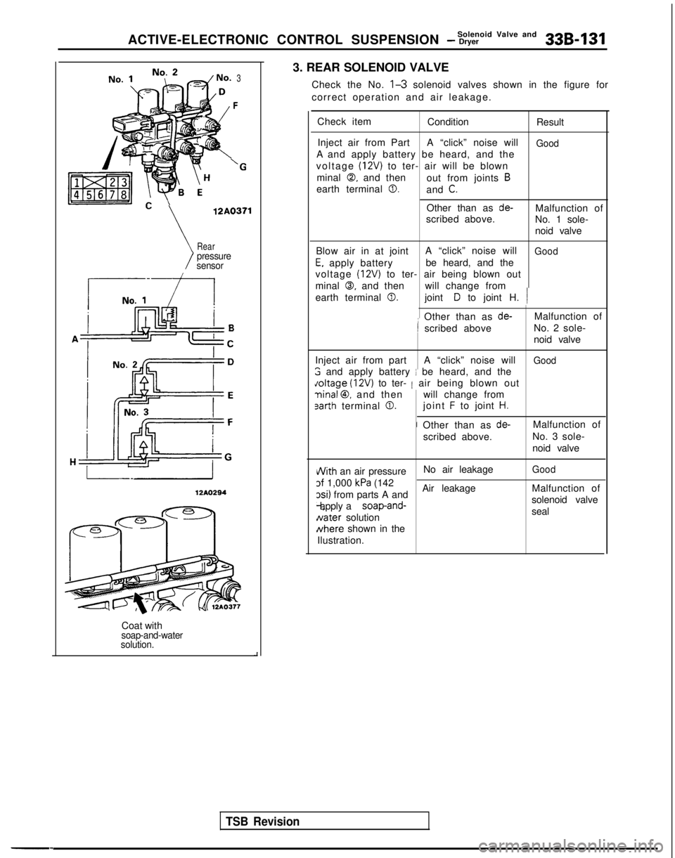 MITSUBISHI GALANT 1989  Service Repair Manual Solenoid Valve and
ACTIVE-ELECTRONIC CONTROL SUSPENSION - Dryer33B-131
3
F
‘G
\
12A0371
>
Rearpressure
sensor
l------i-l
12AO294
TSB Revision
-n
Coat withsoap-and-water
solution.
3. REAR SOLENOID VA