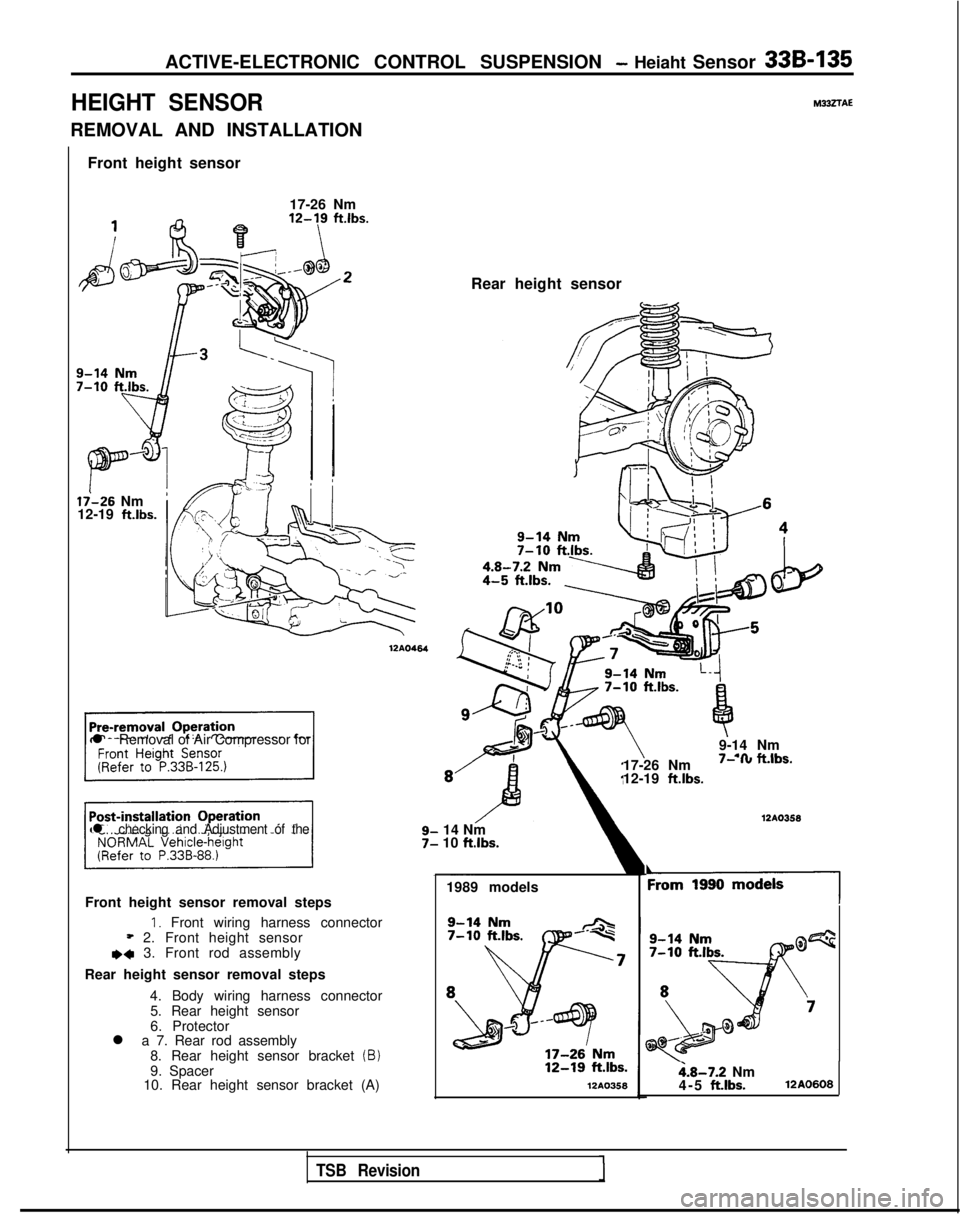 MITSUBISHI GALANT 1989  Service Repair Manual ACTIVE-ELECTRONIC CONTROL SUSPENSION - Heiaht Sensor 33B-135
HEIGHT SENSOR
REMOVAL AND INSTALLATION
Front height sensor
17-26 Nm
li-26 Nm
12-19 ft.lbs.
l Removal of Air Compressor for
17-26 Nm
I- I”