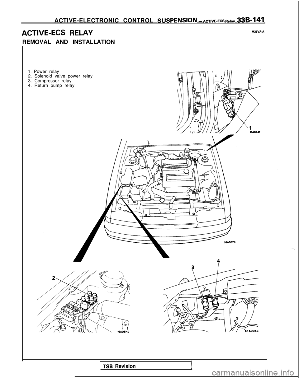 MITSUBISHI GALANT 1989  Service Repair Manual ACTIVE-ELECTRONIC CONTROL  SUSPENSlON
 - ACTIVE-ECS Relay  338-141
ACTIVE-ECS RELAY-VA-A
REMOVAL AND INSTALLATION
I, Power relay
2. Solenoid valve power relay
3. Compressor relay
4. Return pump relay
