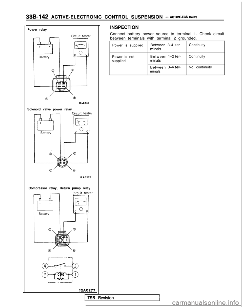 MITSUBISHI GALANT 1989  Service Repair Manual 33B-142 ACTIVE-ELECTRONIC CONTROL SUSPENSION - ACTIVE-ECS Relay
Power relay
Circuit tester
INSPECTION
Connect battery power source to terminal 1. Check circuit between terminals with terminal 2 ground