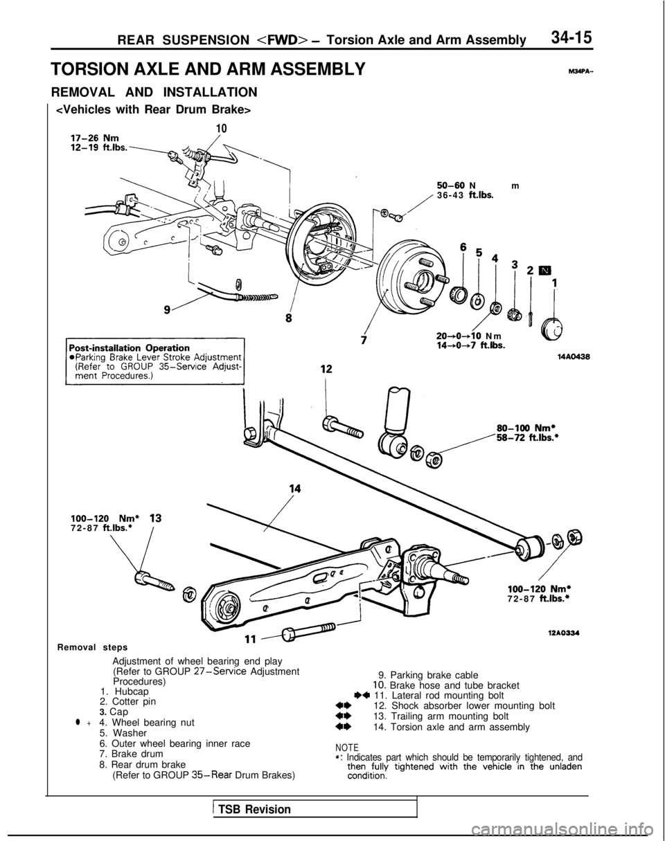 MITSUBISHI GALANT 1989  Service Repair Manual REAR SUSPENSION <MID> -Torsion Axle and Arm Assembly34-15
TORSION AXLE AND ARM ASSEMBLYPAWPA-
REMOVAL AND INSTALLATION
<Vehicles with Rear Drum Brake>
10
50-60 N
 m
36-43 
ft.lbs.
20+0-+10 N
 m
14-+0+