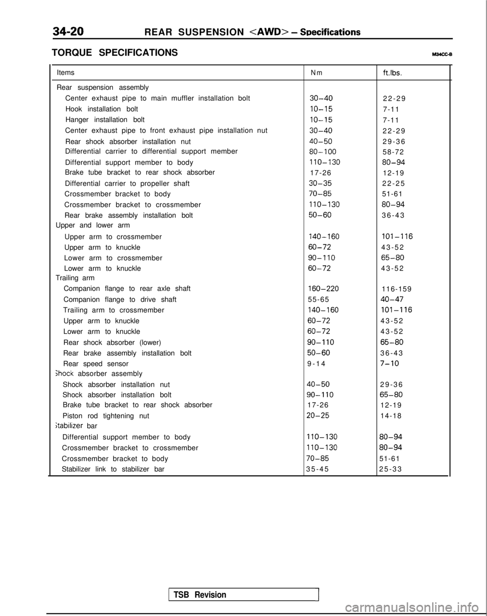 MITSUBISHI GALANT 1989  Service Repair Manual 34-20
REAR SUSPENSION <AWD> - SDecifications
TORQUE SPECIFICATIONSM34cGB
Items
Rear suspension assembly Center exhaust pipe to main muffler installation boltHook installation bolt
Hanger installation 