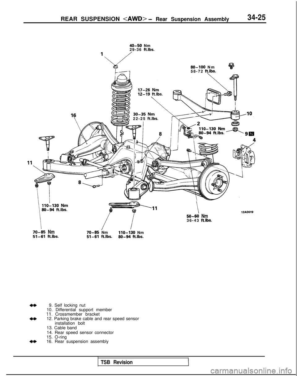 MITSUBISHI GALANT 1989  Service Repair Manual REAR SUSPENSION <AWD> - Rear Suspension Assembly34-25
40-50 Nm
29-36 ftlbs.
80-100 N
 m
58-72 
ft.lbs.
22-25 ftlbs.
\
50-60Nm36-4
 3
ftlbs.
70-85Nm70-85Nm110-130 Nm51-61ft.lbs.51-61ftlbs.80-94 ftlbs.
