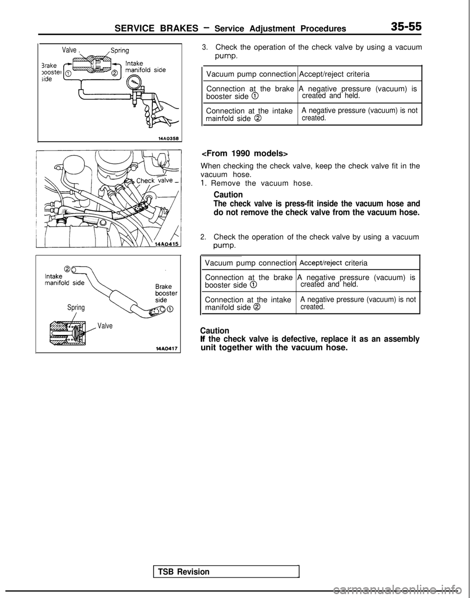 MITSUBISHI GALANT 1989  Service Repair Manual SERVICE BRAKES - Service Adjustment Procedures35-55
Valve .,Spring
3rake)oostelside
14AO358
3.Check the operation of the check valve by using a vacuum
pump.
Vacuum pump connection Accept/reject criter