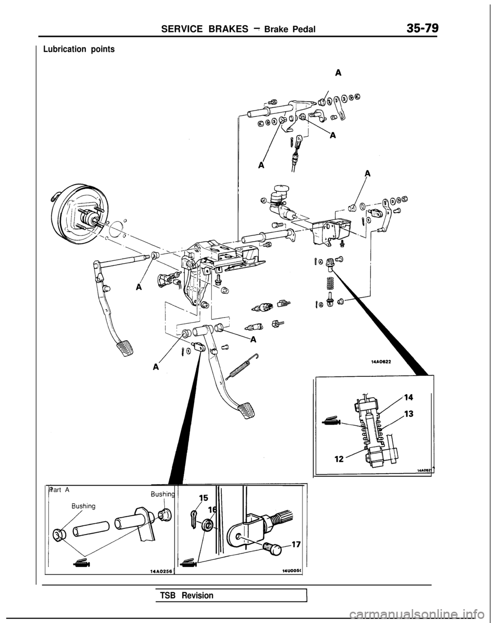 MITSUBISHI GALANT 1989  Service Repair Manual SERVICE BRAKES - Brake Pedal35-79
Lubrication points
Part A
14AO256 114UOO5l
TSB Revision 