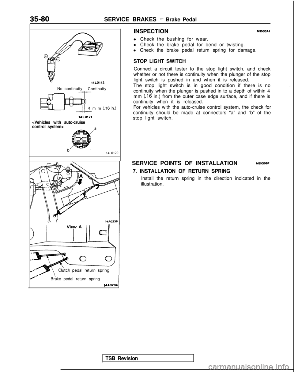 MITSUBISHI GALANT 1989  Service Repair Manual 35-80SERVICE BRAKES - Brake Pedal
INSPECTION
M35GcAJ
l Check the bushing for wear.
l Check the brake pedal for bend or twisting.
l Check the brake pedal return spring for damage.
STOP LIGHT SWITCH
14L