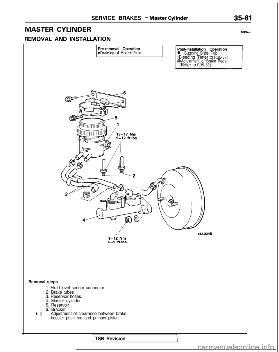 MITSUBISHI GALANT 1989  Service Repair Manual SERVICE BRAKES - Master Cylinder35-81
MASTER CYLINDER
REMOVAL  AND
  INSTALLATION
Pre-removal OperationeDrainIng of Brake FluidPost-installation Operationl Supplying Brake Fluid*Bleeding (Refer to P.3
