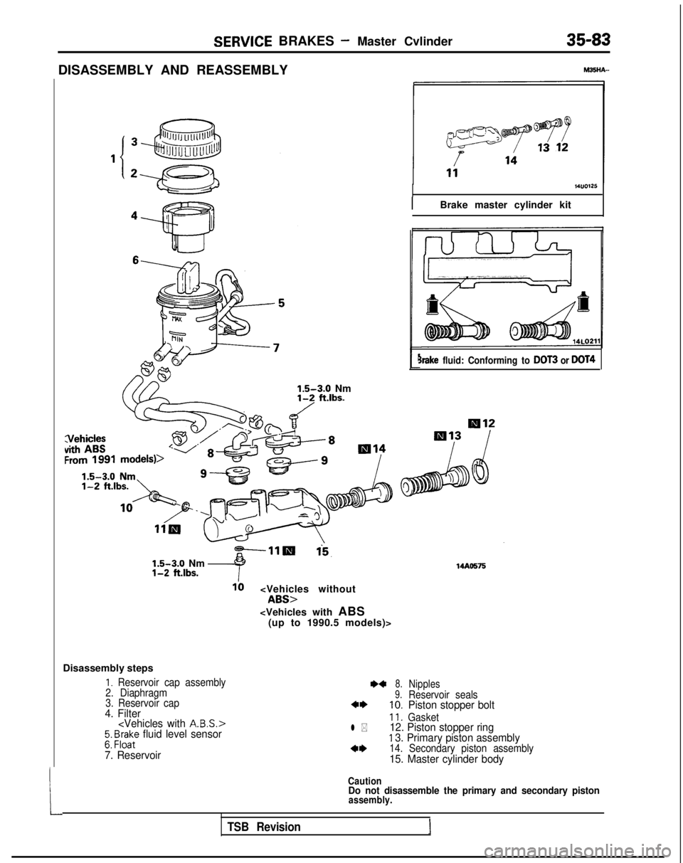 MITSUBISHI GALANT 1989  Service Repair Manual SERVICE BRAKES - Master Cvlinder35-83
DISASSEMBLY AND REASSEMBLY
L1.5-3.0
 Nm
1-2 ft.lbs./
-11m
-?
1‘5. 1.5-3.0
 Nm
l-2 ft.lbs.
10<Vehicles withoutABS>
<Vehicles with ABS
(up to 1990.5 models)>
IBra