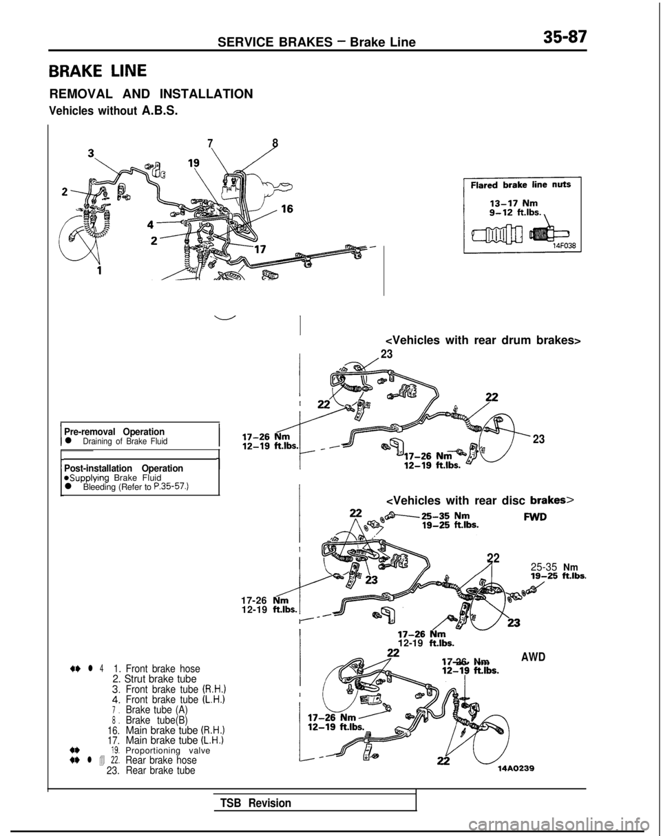 MITSUBISHI GALANT 1989  Service Repair Manual SERVICE BRAKES - Brake Line35-87
BRAKE LINE
REMOVAL AND INSTALLATION
Vehicles without A.B.S.
78
I
Pre-removal Operationl Draining of Brake Fluid
Post-installation Operationasupplying Brake Fluid
l Ble