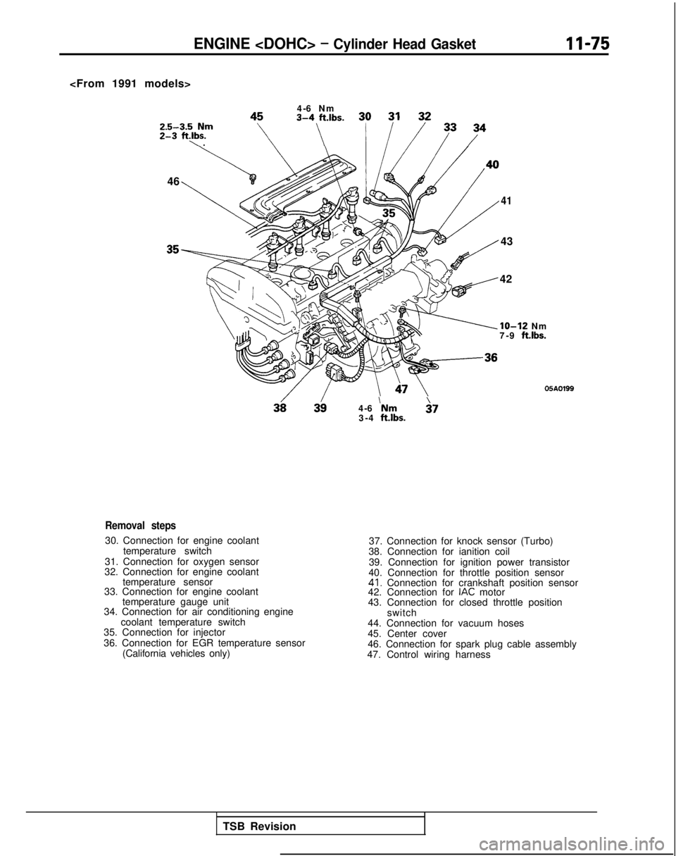 MITSUBISHI GALANT 1989  Service Repair Manual ENGINE <DOHC> - Cylinder Head GasketII-75
<From 1991 models>4-6 Nm
Z&-y,bfm
‘\ .
,,\:.,.s.
46
4-6 
‘Nm $7
3-4  ftlbs.
41
43
42
IO-12 Nm
7-9 ft.lbs.
05A0199
Removal steps
30. Connection for engine 