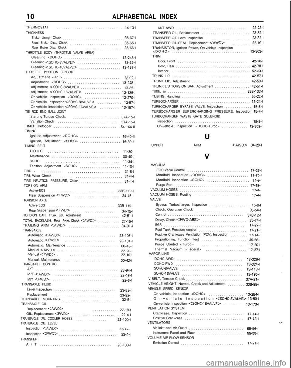 MITSUBISHI GALANT 1989  Service Repair Manual 10ALPHABETICAL INDEX
THERMOSTAT
.............................
 .
14-13-I
THICKNESS
Brake Lining, Check
............................
 . 35-67-l
Front Brake Disc, Check.......................

. 35-65-l