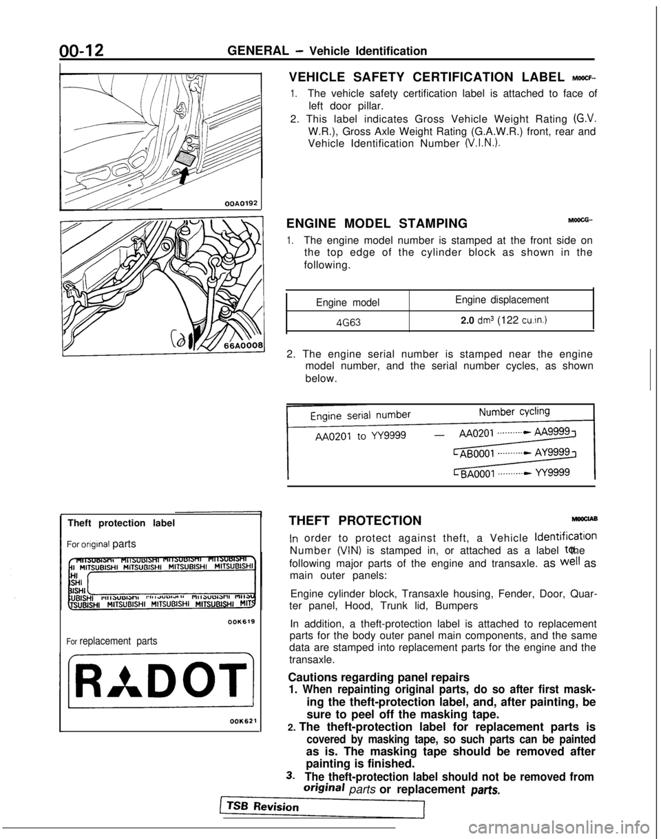 MITSUBISHI GALANT 1989 Service Repair Manual GENERAL - Vehicle Identification
OOA0192
Theft protection label
For
orIgInal parts
OOK619
For replacement parts
OOK621
VEHICLE SAFETY CERTIFICATION LABEL MWCF-
1.The vehicle safety certification labe MITSUBISHI GALANT 1989 Service Repair Manual GENERAL - Vehicle Identification
OOA0192
Theft protection label
For
orIgInal parts
OOK619
For replacement parts
OOK621
VEHICLE SAFETY CERTIFICATION LABEL MWCF-
1.The vehicle safety certification labe