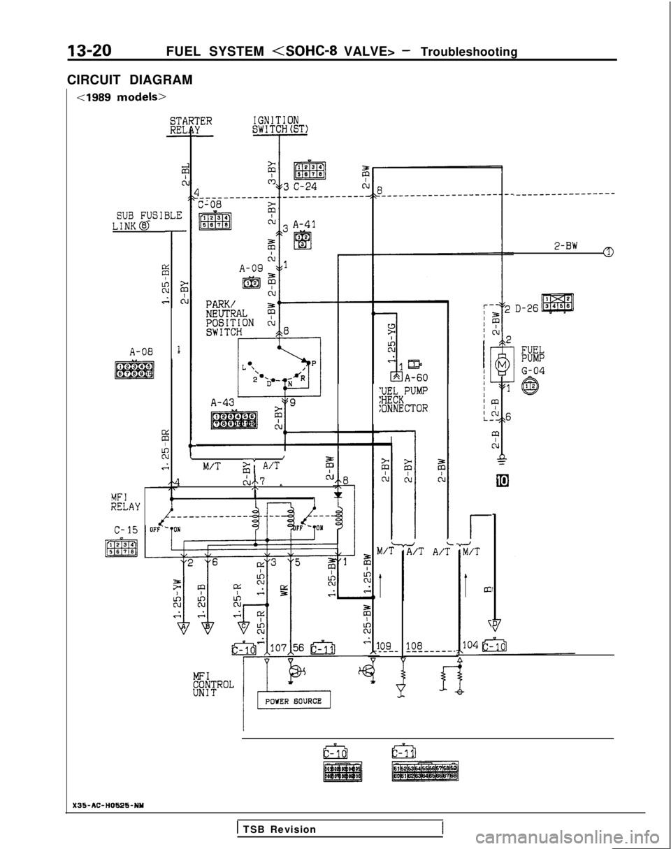 MITSUBISHI GALANT 1989  Service Repair Manual 13-20FUEL SYSTEM <SOHC-8 VALVE> - Troubleshooting
CIRCUIT DIAGRAM
cl989 models>
iERIGNITIONSWITCHbST)-
SUB F_USIBLE
.-__-____----w-w--
2-BW0
LINK@
A-08
;;IJkKPUMP
:ONNECTOR
t\I
M/Tg A/Tz
1ch7 LCL/.MF