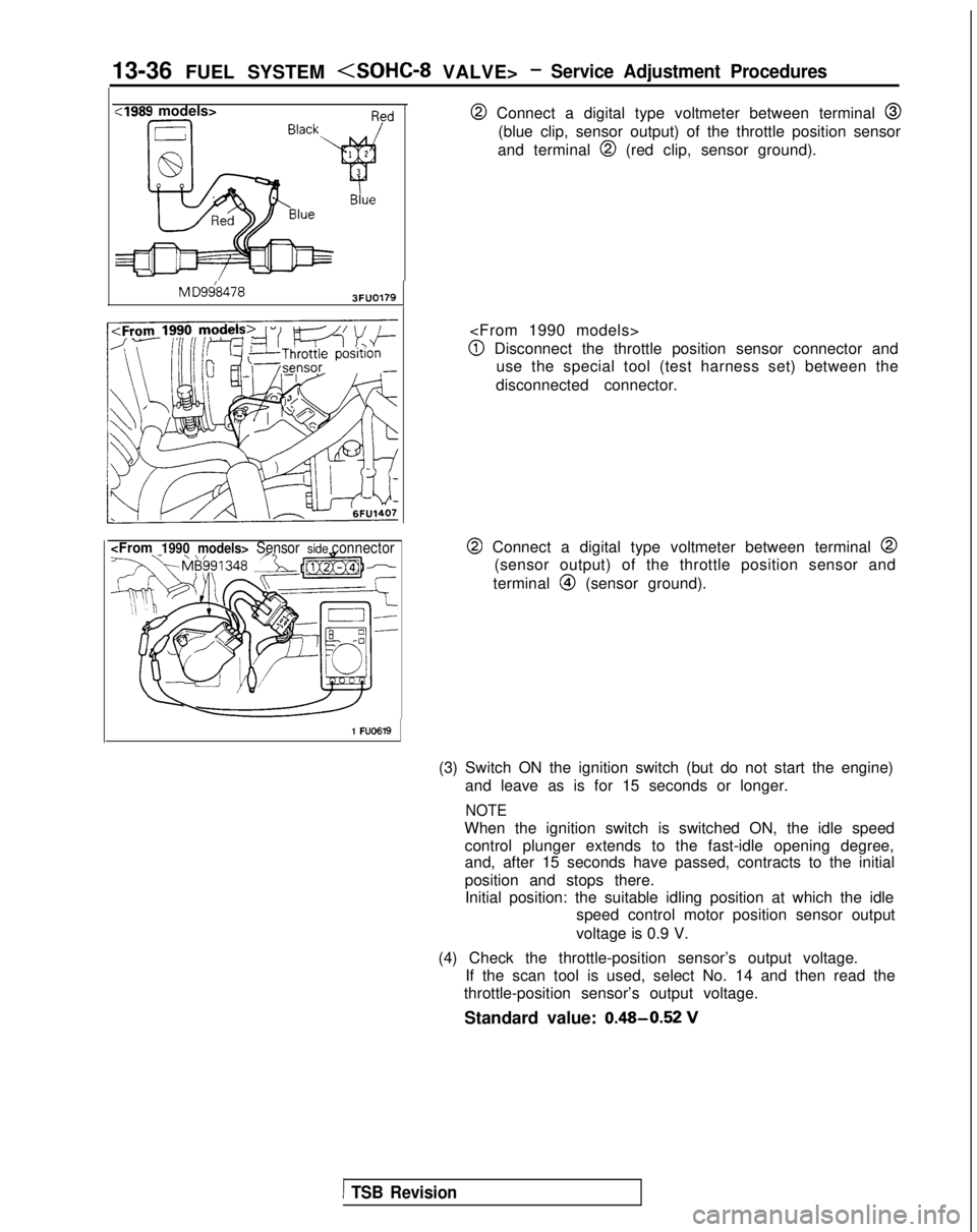 MITSUBISHI GALANT 1989  Service Repair Manual 13-36 FUEL SYSTEM <SOHC-8 VALVE>- Service Adjustment Procedures
:I989 models>
M
  D9684783FUO179
<From1990
models>  Sensor side connector
@ Connect a digital type voltmeter between terminal  @
(blue c