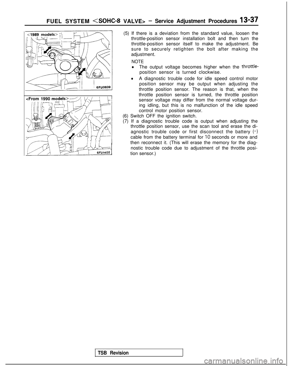 MITSUBISHI GALANT 1989  Service Repair Manual FUEL SYSTEM (SOHC-8 VALVE> -Service Adjustment Procedures 13-37
<From 1990 m$ek>--
MO-L
6FU1405
(5) If there is a deviation from the standard value, loosen the
throttle-position sensor installation bo