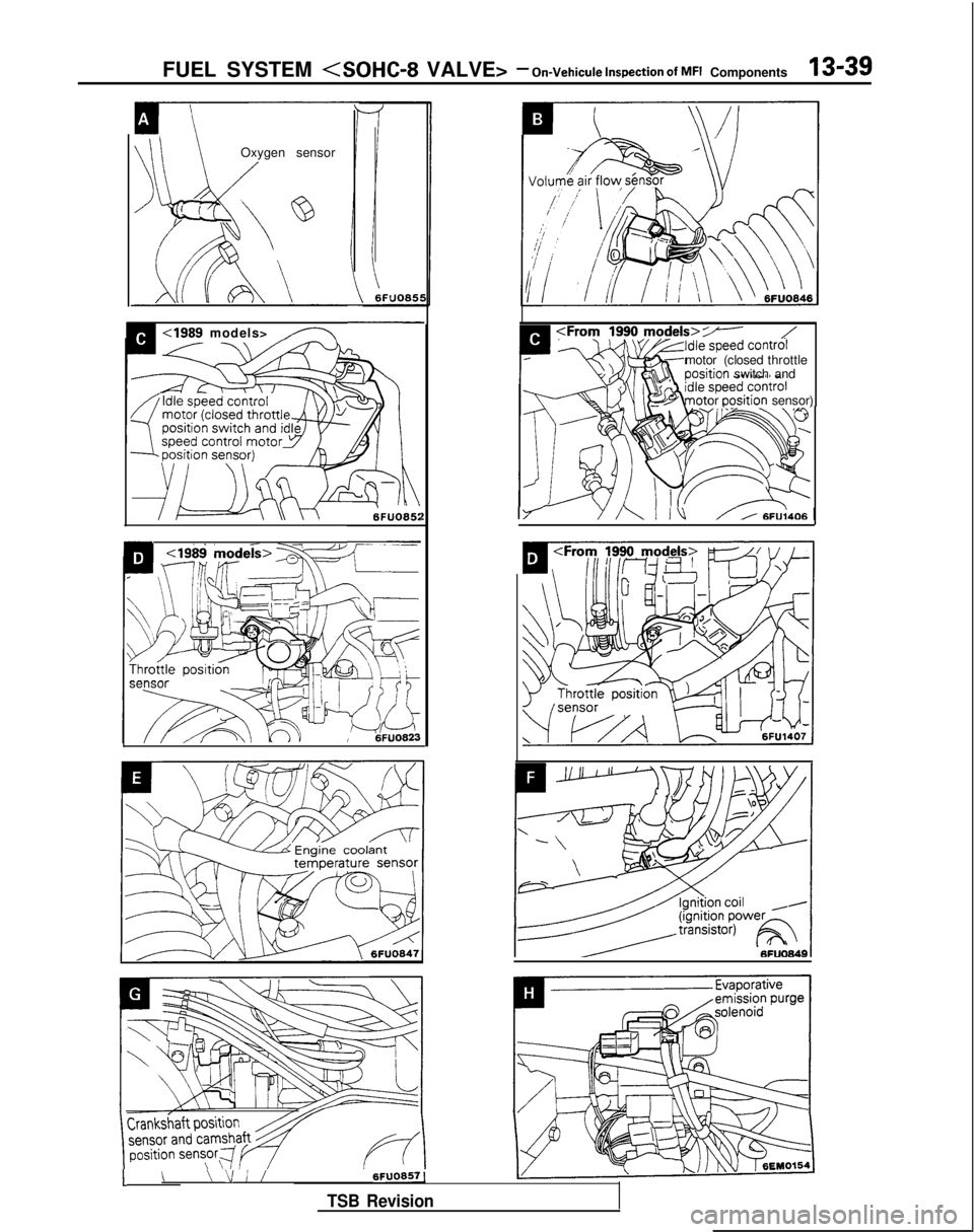 MITSUBISHI GALANT 1989  Service Repair Manual FUEL SYSTEM <SOHC-8 VALVE> - On-Vehicule Inspection of MFI Components13-39
Oxygen sensor
<I989 models>n
1<19& &odekw
sensor
,,< \;F”O85:
:Frory zy models>7-motor (closed
throttle sition
 switch and
