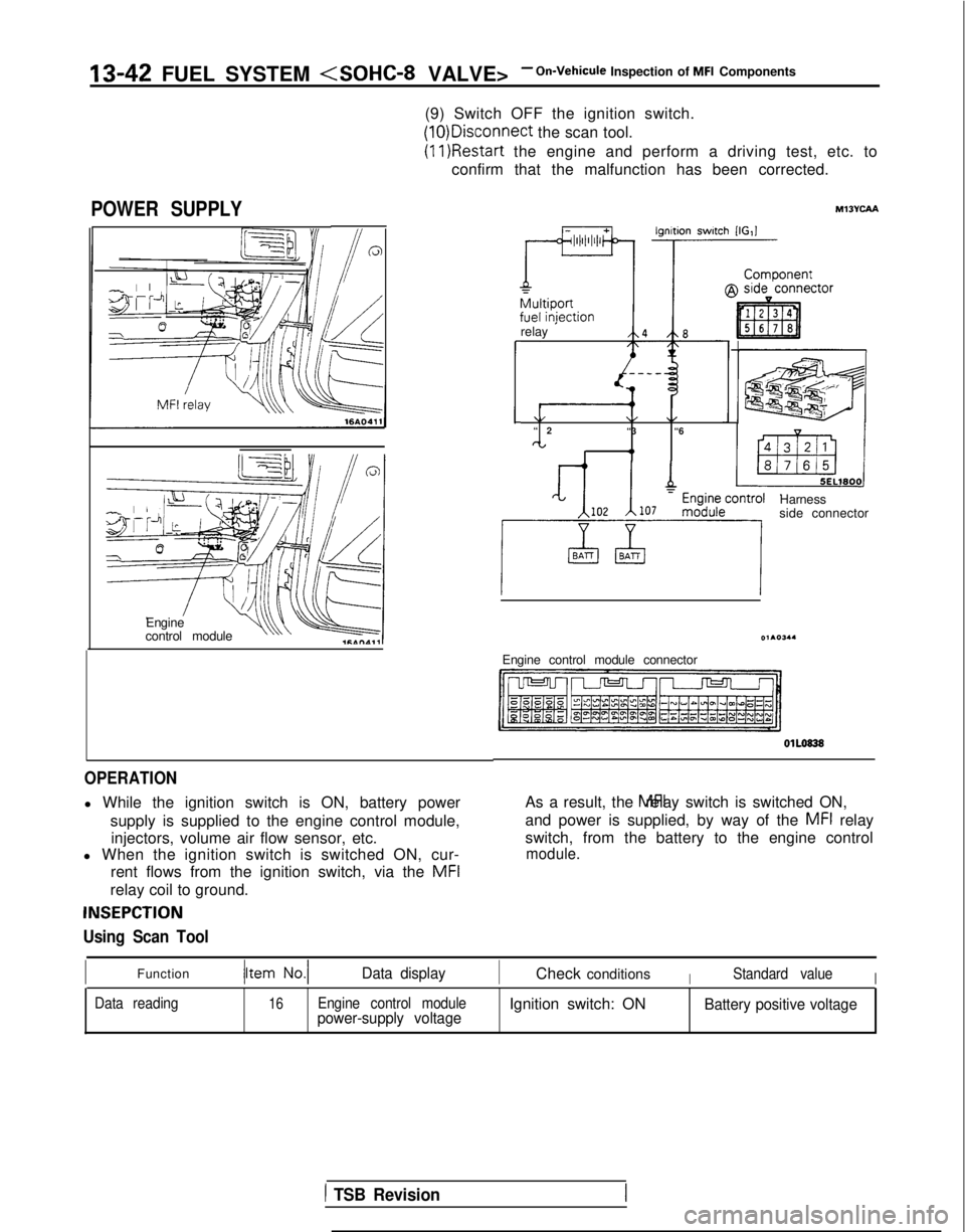 MITSUBISHI GALANT 1989  Service Repair Manual 13-42 FUEL SYSTEM <SOHC-8 VALVE>- On-Vehicule Inspection of MFI Components
(9) Switch OFF the ignition switch. (10)Disconnect
 the scan tool. (11)Restart
 the engine and perform a driving test, etc. t