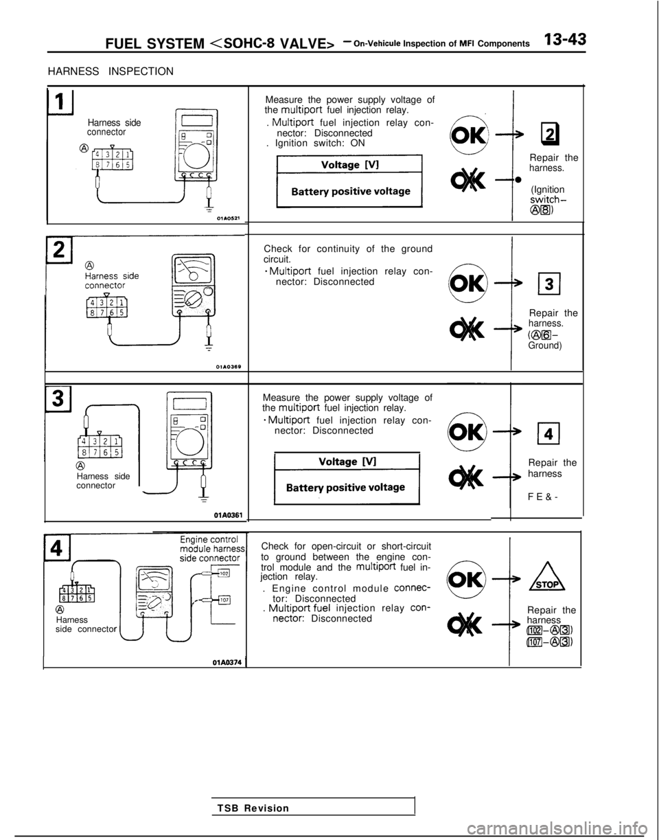 MITSUBISHI GALANT 1989  Service Repair Manual FUEL SYSTEM <SOHC-8 VALVE>- On-Vehicule Inspection of MFI Components13-43
HARNESS INSPECTION
Harness sideconnector
Measure the power supply voltage of
the multiport fuel injection relay.
. 
Multiport 