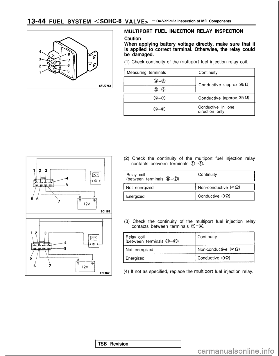 MITSUBISHI GALANT 1989  Service Repair Manual ‘13-44 FUEL SYSTEM <SOHC-8 VALVE>- On-Vehicule Inspection of MFI Components6FUO751
EC1163
When applying battery voltage directly, make sure that it
is applied to correct terminal. Otherwise, the rel
