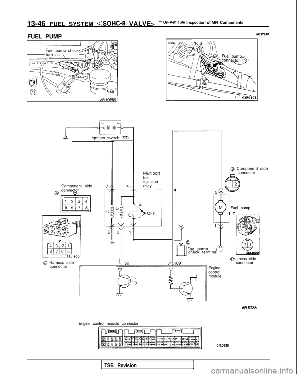 MITSUBISHI GALANT 1989  Service Repair Manual 13-46 FUEL SYSTEM  <SOHC-8
 VALVE>- On-Vehicule Inspection of MFI Components
FUEL PUMP
MlBYEAB
@ Component side connector
-
\
1Fuel pump M
$
1
I

-
Multiportfuel
injection
relay
Component side
7/-/
L2