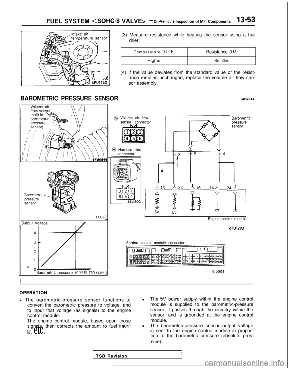 MITSUBISHI GALANT 1989  Service Repair Manual FUEL SYSTEM  <SOHC-8
 VALVE>- On-Vehicule Inspection of MFI Components13-53
BAROMETRIC PRESSURE SENSOR
Volume air
Barometric.pressure
sensor
lutput Voltage ECl53.
Barometnc
pressure
mmHg 760 ~~1551
(3