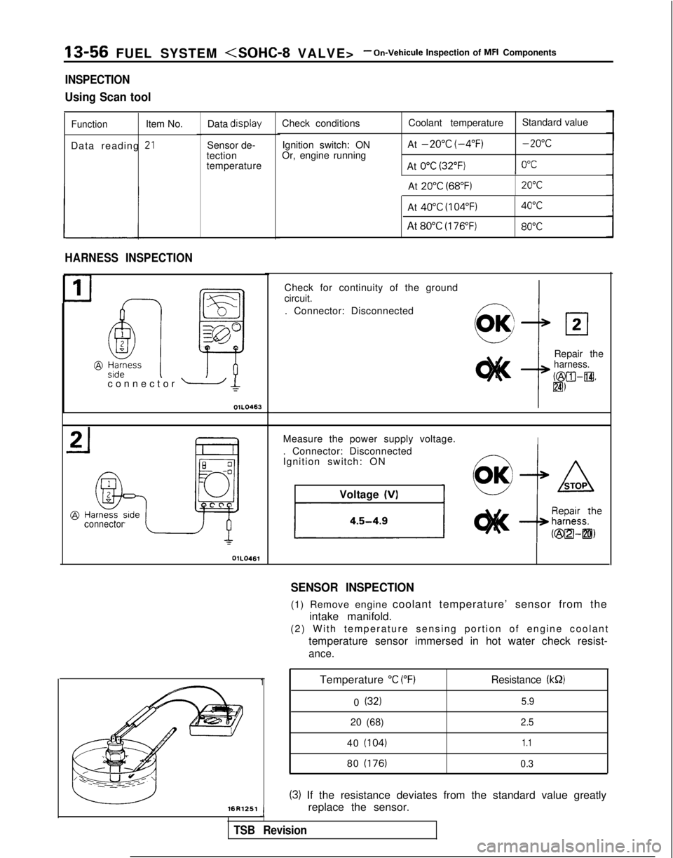 MITSUBISHI GALANT 1989  Service Repair Manual 13-56 FUEL SYSTEM <SOHC-8 VALVE>- On-Vehicule Inspection of MFI Components
INSPECTION
Using Scan tool
FunctionItem No.
Data reading 
-*LI
Data  display
Sensor de-
tection
temperature
HARNESS INSPECTIO