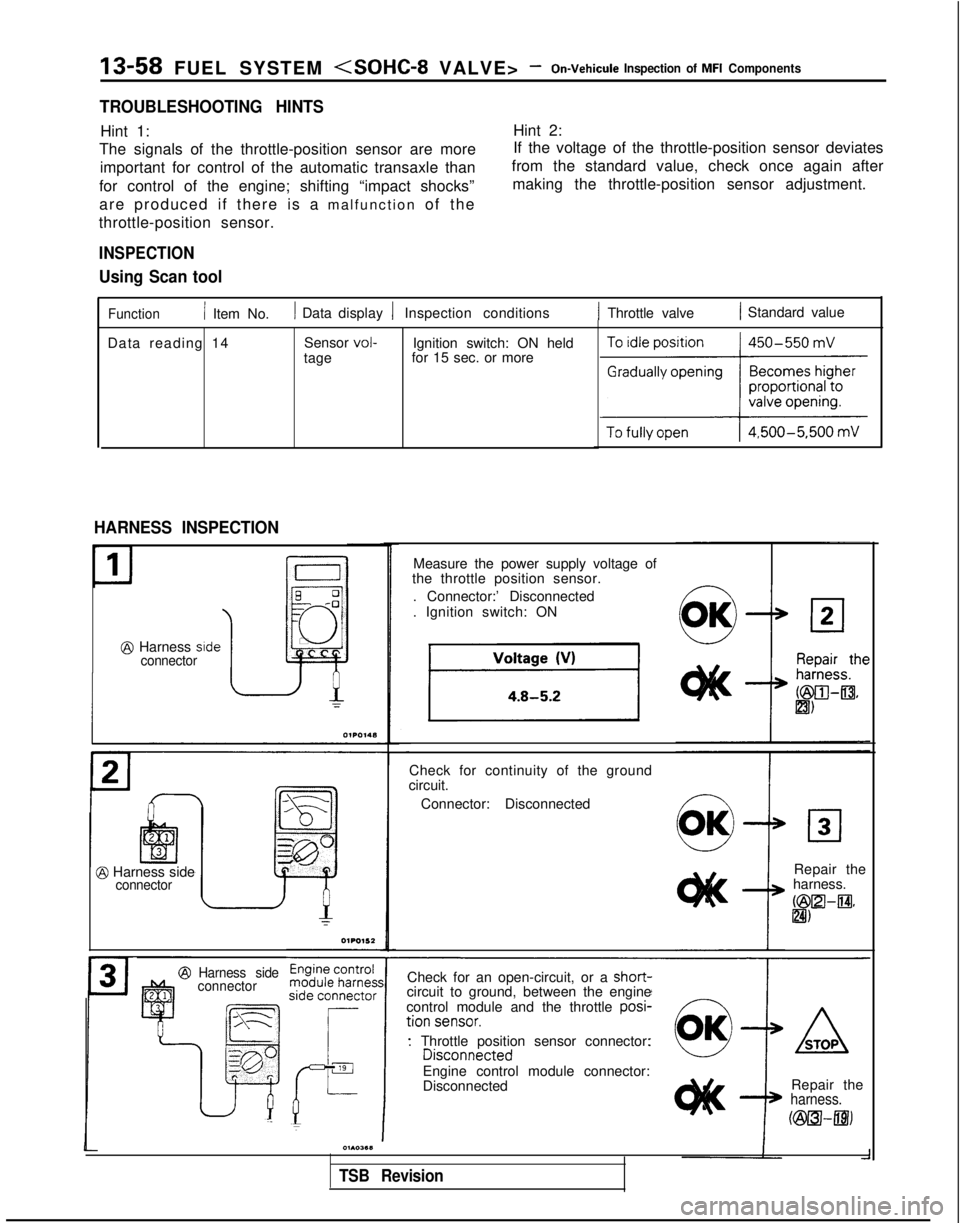 MITSUBISHI GALANT 1989  Service Repair Manual 13-58 FUEL SYSTEM <SOHC-8 VALVE> -On-Vehicule Inspection of MFI Components
TROUBLESHOOTING HINTS
Hint 1:Hint 2:
The signals of the throttle-position sensor are more If the voltage of the throttle-posi
