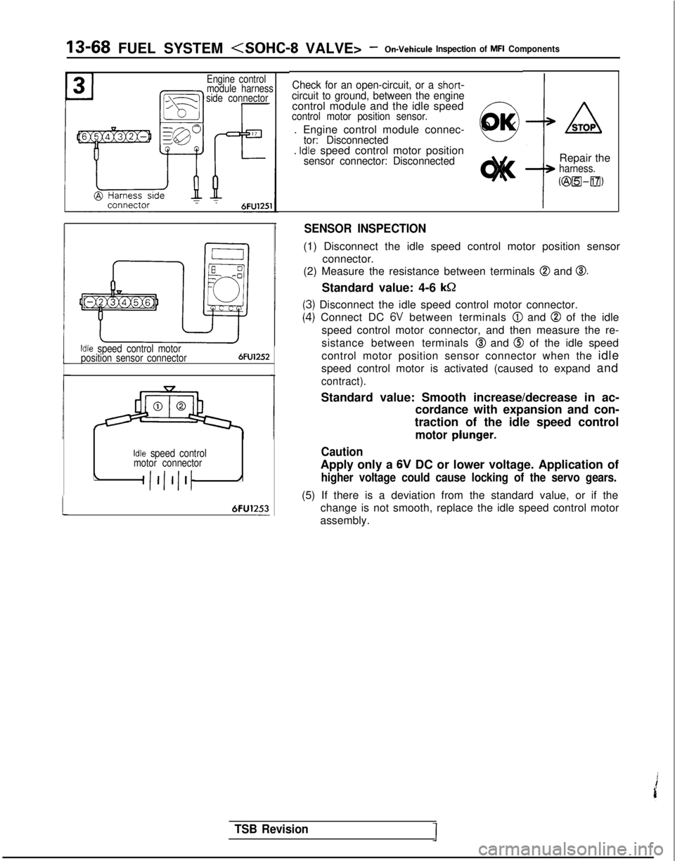 MITSUBISHI GALANT 1989  Service Repair Manual 13-68 FUEL SYSTEM <SOHC-8 VALVE> -On-Vehicule Inspection of MFI Components
Engine control
module harness
side connectorCheck for an open-circuit, or a short-circuit to ground, between the enginecontro