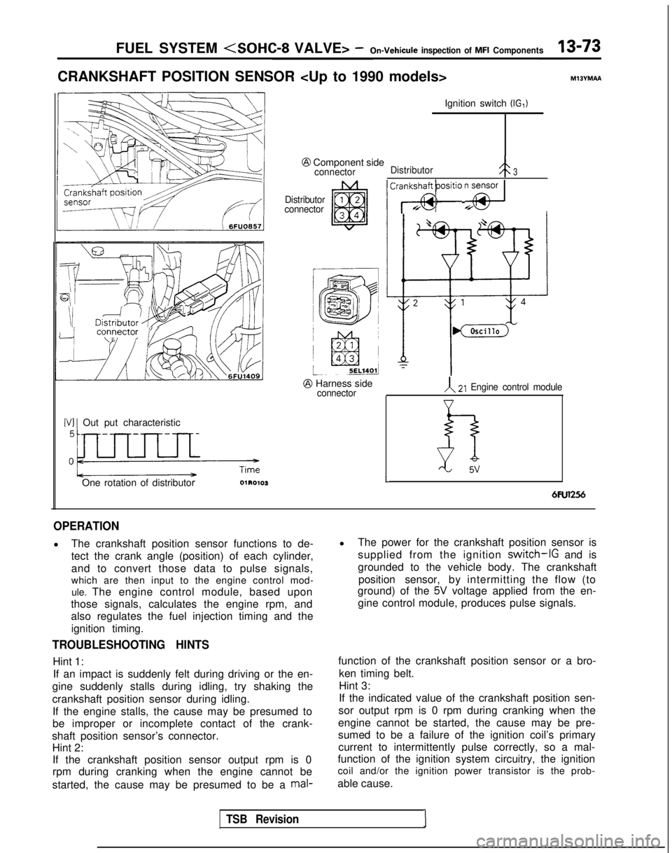 MITSUBISHI GALANT 1989  Service Repair Manual FUEL SYSTEM <SOHC-8 VALVE> -On-Vehicule
 inspection of MFI Components13-73
CRANKSHAFT POSITION SENSOR <Up to 1990 models>MllYMAA
\IDikZ!utoJP
[VI 1 Out put characteristic
One rotation of distributor I