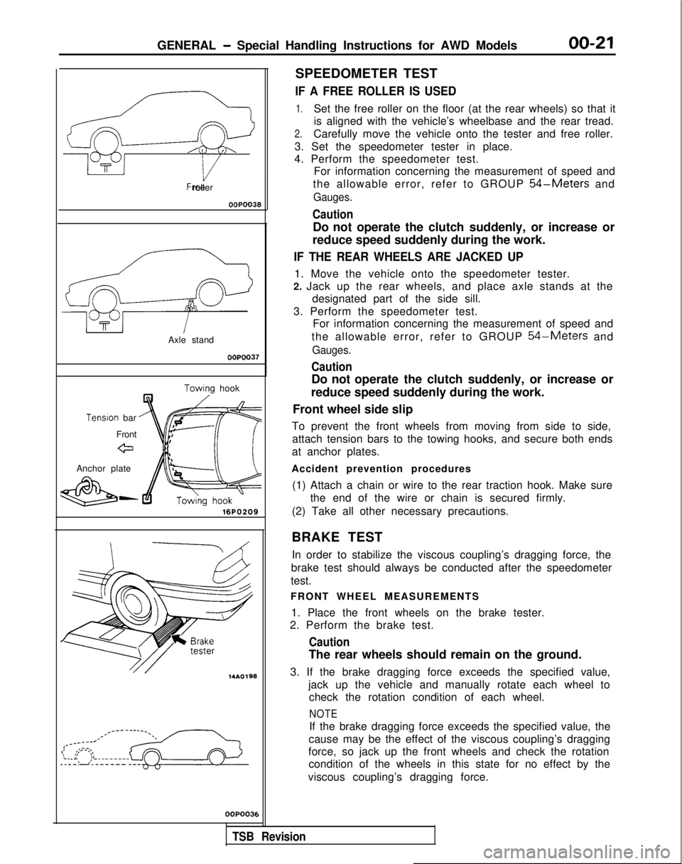 MITSUBISHI GALANT 1989  Service Repair Manual GENERAL - Special Handling Instructions for AWD Models00-21
Free roller
OOPO038
Axle stand
OOPOO37
Towino hook
Tenslon
 bar
Front
eJ
Anchor plate
&-16PO209 14AO198
OOP003E
SPEEDOMETER TEST
IF A FREE R