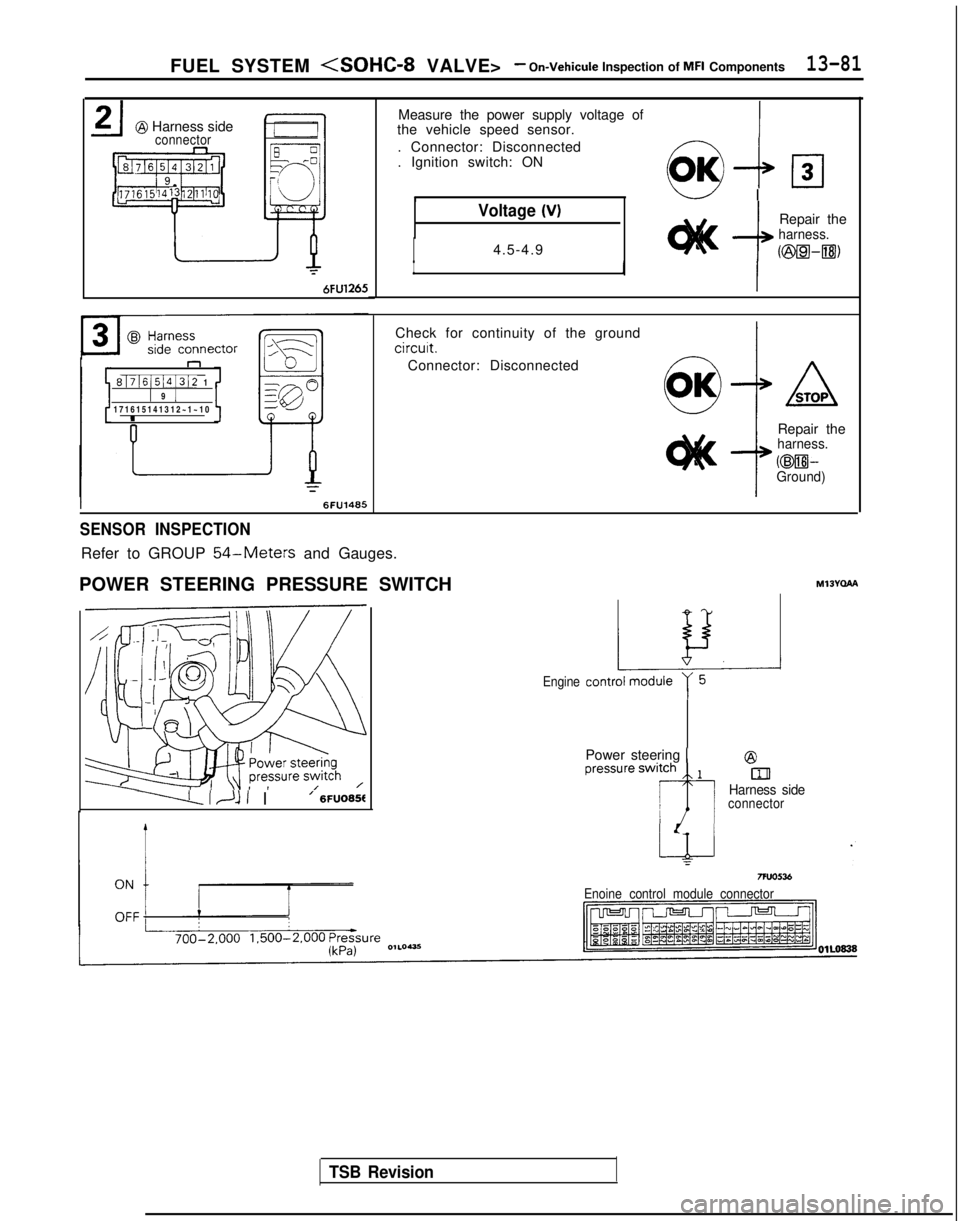 MITSUBISHI GALANT 1989  Service Repair Manual FUEL SYSTEM <SOHC-8 VALVE>- On-Vehicule Inspection of MFI Components13-81
@ Harness sideconnector
6FU1265
n
8171615141312 11 9 1171615141312~1~1

0
I
Measure the power supply voltage of
the vehicle sp
