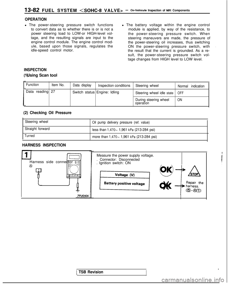 MITSUBISHI GALANT 1989  Service Repair Manual 13-82 FUEL SYSTEM <SOHC-8 VALVE> -On-Vehicule Inspection of MFI Components
OPERATION
l The power-steering pressure switch functions
to convert data as to whether there is or is not apower steering loa